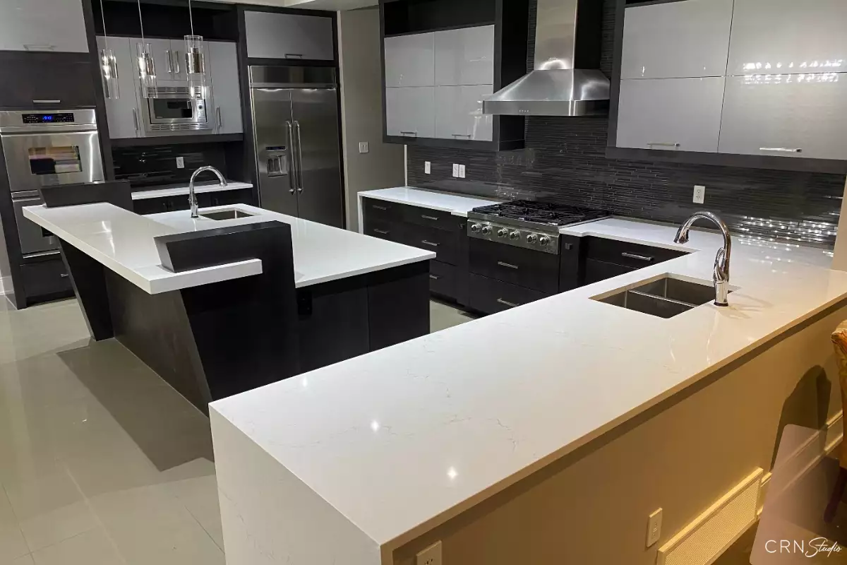 Misterio quartz kitchen countertop and sink installation